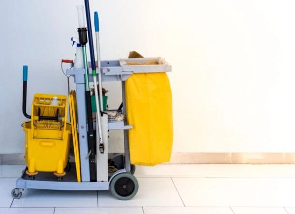 Booth Cleaning Service in yellow color with white background