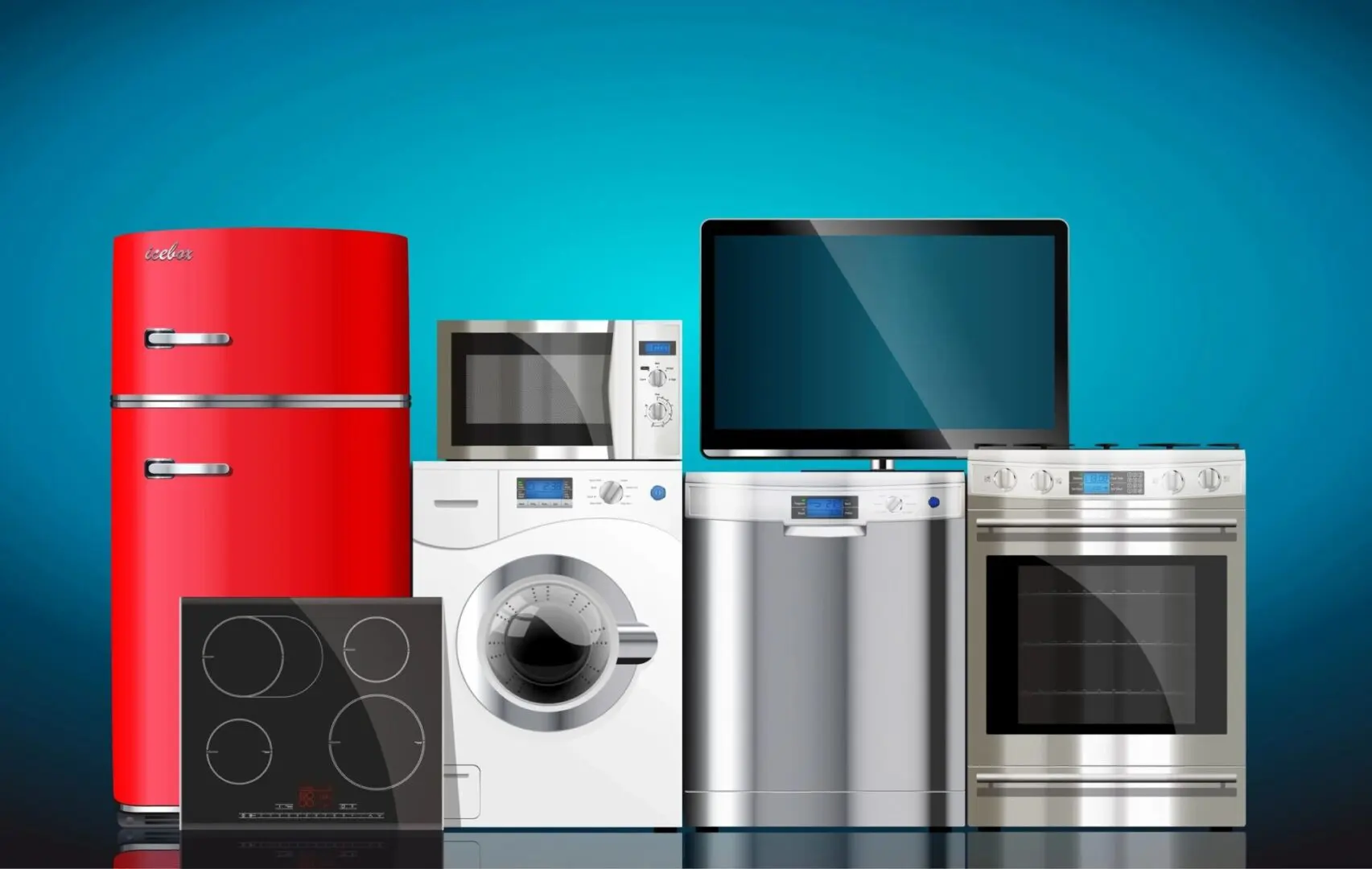 A bunch of appliances kept together with blue background